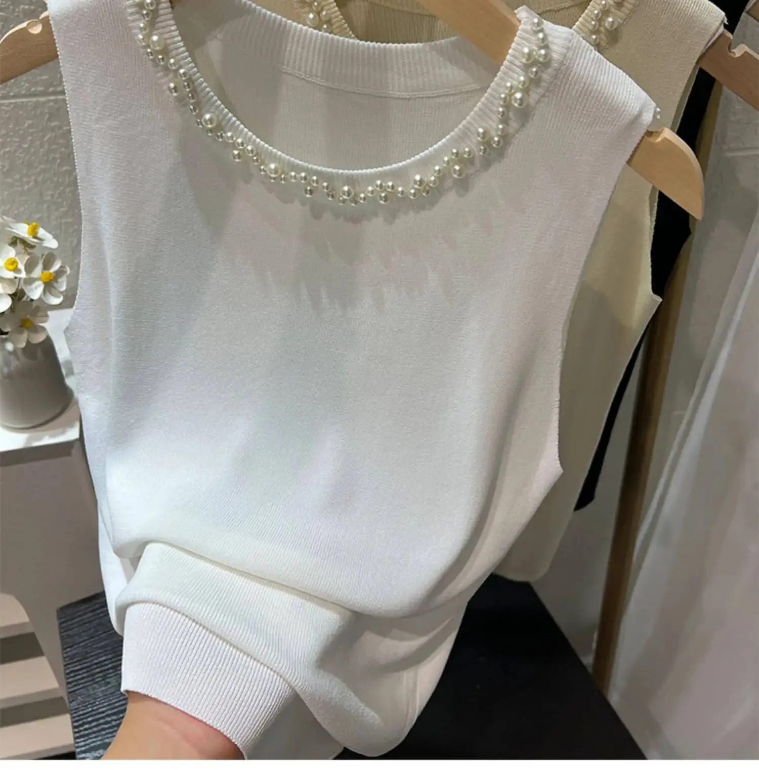 White Women Camisole 2026 New Summer Slim Thin Ice Silk Knit Vest Trendy Beaded Decor O-Neck Sleeveless Tank Top — image 9