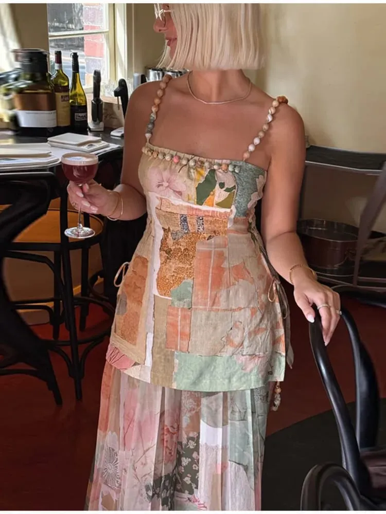 Vintage Women's Printed Beaded Sling Long Dresses Set Lace Up Slit Sleeveless Pleated A-line Dress 2026 Lady Beach Vestidoes — image 4