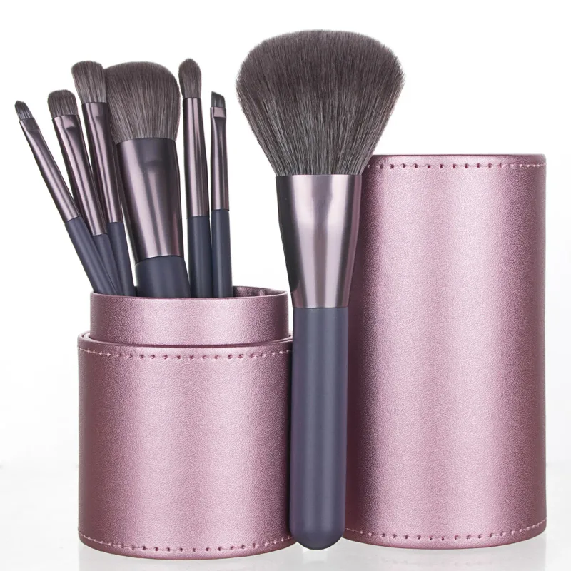 Portable 7Pcs Complete Makeup Brushes With PU Storage Bucket Foundation Highlight Eyebrow Beginner Cosmetic Kit