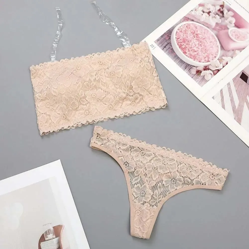 Lace Sheer Flower Thong Bra Set Invisible Straps Embroidery Floral Panties Bra Kit Transparent Lingerie Underwear for Women — image 3