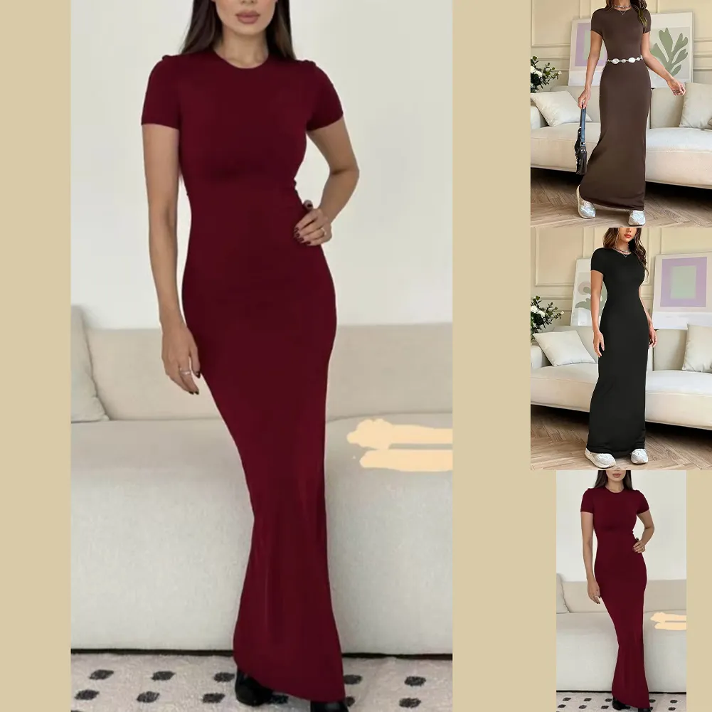 Women's Elastic Slim Fit Long T-shirt Dress Featuring Round Neck and Short Sleeves Suitable for Everyday and Special Occasions — image 6