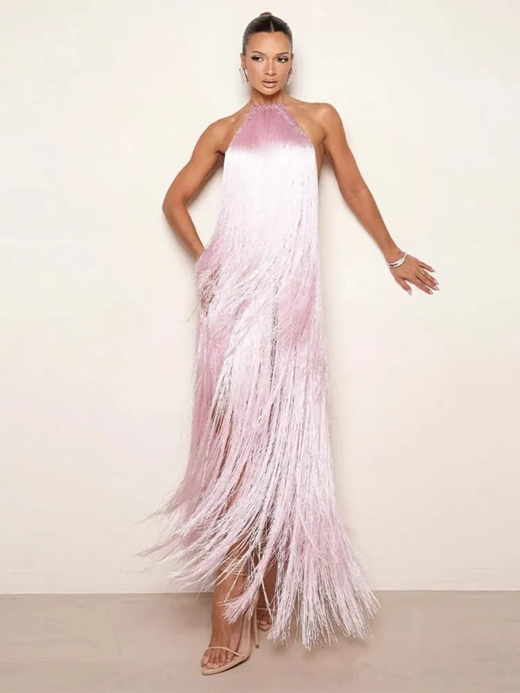 Party Women's Dress Halter Sleeveless Backless Tassel Solid Female Long Holiday Dresses 2026 Summer Fashion Elegant Lady Robe — image 3