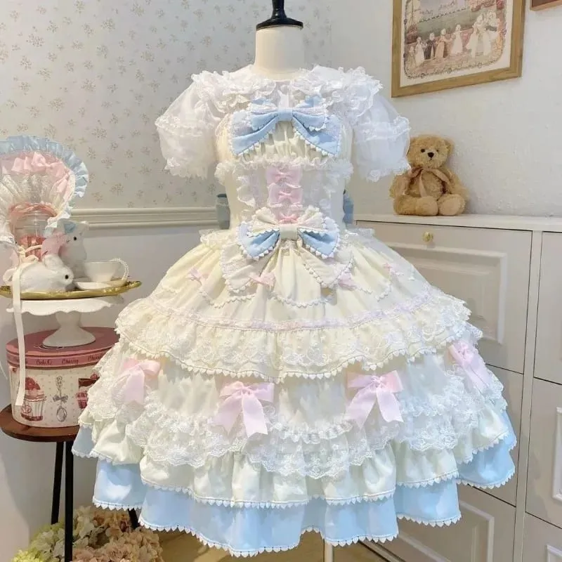 Y2K Sweet Lolita Jks Strap Dress Women Solid Ruffle Lace Bow Patchwork Kawaii Princess Ball Gown Knee-Length Elegant Party — image 4