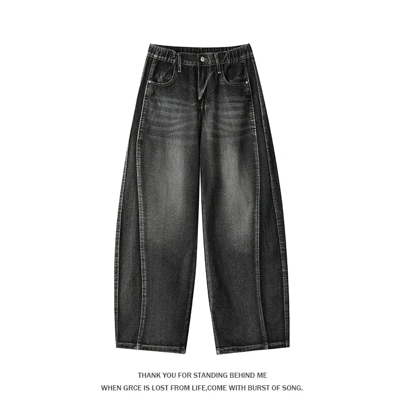 Plus Size Men's Curved Denim Jeans Retro High Street Washed Splice Loose Floor-Length Baggy Streetwear Trousers
