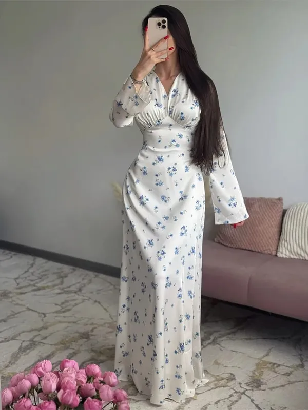 Women Chic Pink Floral Print Maxi Vestido Elegant V Neck Ruffle Trim Flare Sleeve Ruched High Chiffon Dress 2026 Party Outfit — image 11