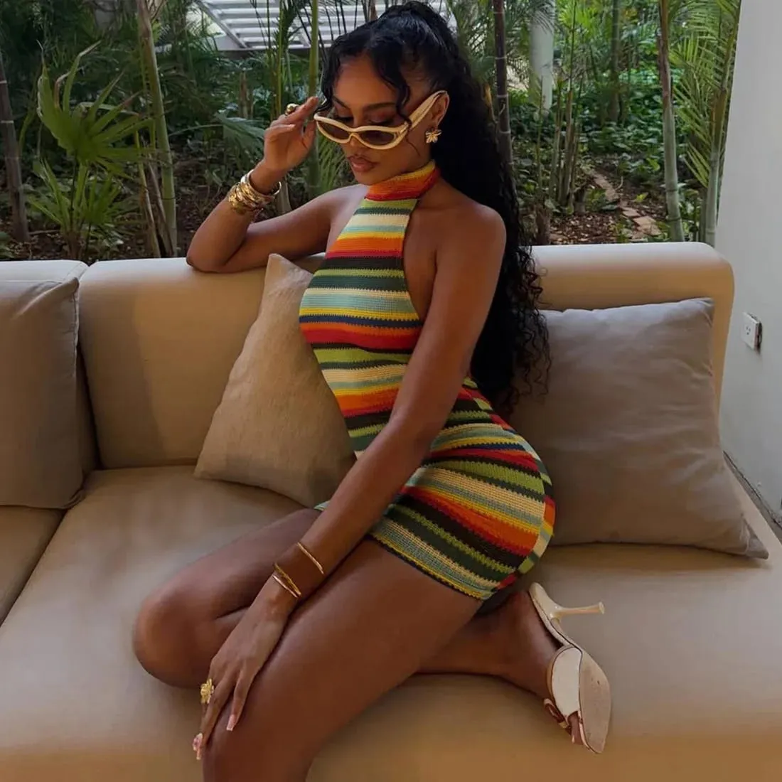 Cryptographic Striped Knit Halter Mini Dress Colorful Contrast Sleeveless Backless Summer Casual Clubwear Bodycon Short Dresses — image 3