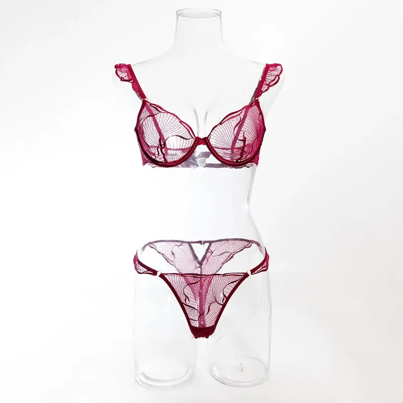 セクシーな Women French Hollow Lace Bra Set Floral Embroidery Ultra Thin Cup Minimizer Brassiere Stretchy Daily Lingerie 32 to 38 — image 11