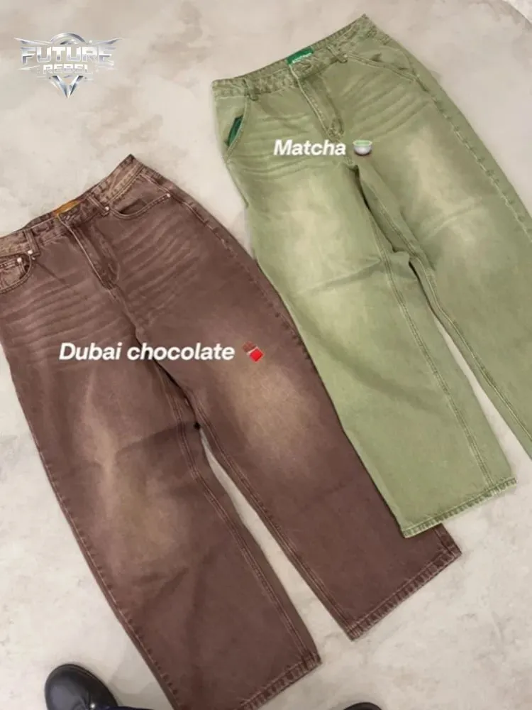 Mens Jeans Matcha Green Washed Gradient Denim Pants Harajuku Unisex Loose Fit Straight Leg Wide Leg Casual Streetwear Fashion — image 1