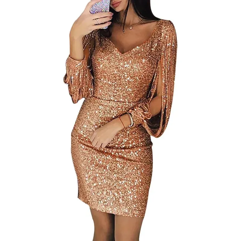 Evening Dresses for Women Elegant Long Sleeve Sequin Mini Dresses Sexy Ruched Bodycon Sparkly Glitter Cocktail Party Dresses — image 7
