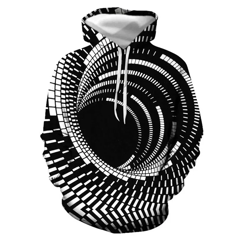 Men's Black And White Vertigo Hooded Sweatshirt 3D Printed Pattern Street Pullover Long Sleeved Sportswear For All Seasons Men