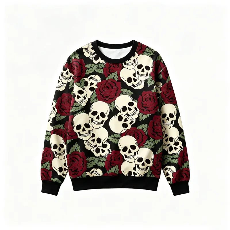 Felpa con stampa scheletro rosa stile gotico Felpa girocollo casual retrò da uomo Abbigliamento Harajuku Top moda hip-hop di strada — image 3