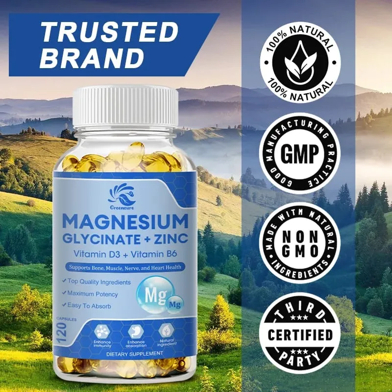 Magnesium Glycinate D3 B6 Capsules for Relax Sleep Nerve Muscle and Heart Health Supplement