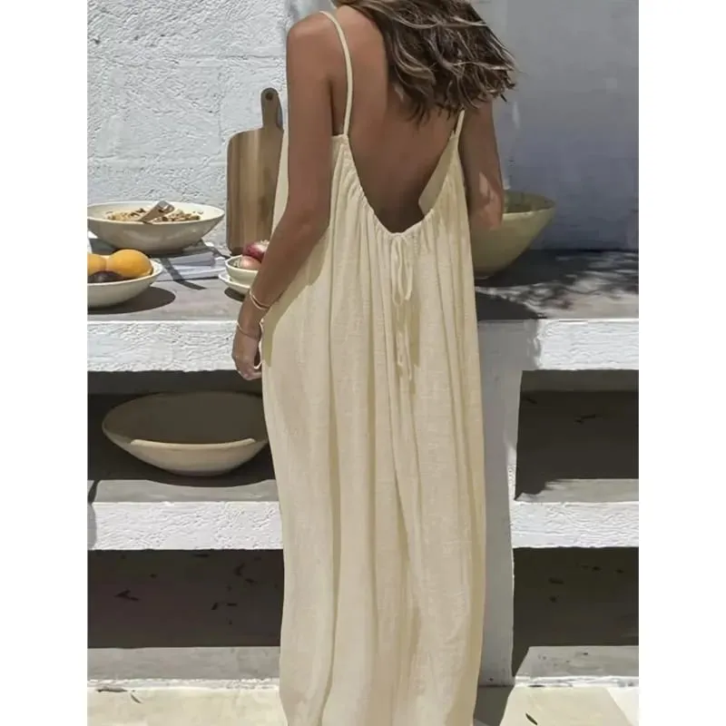 Casual Solid Loose Dress For Women Sexy Sleeveless Spaghetti Strap Backless Lace-up Robe Femme Holiday Beach Party Clothes New — image 3