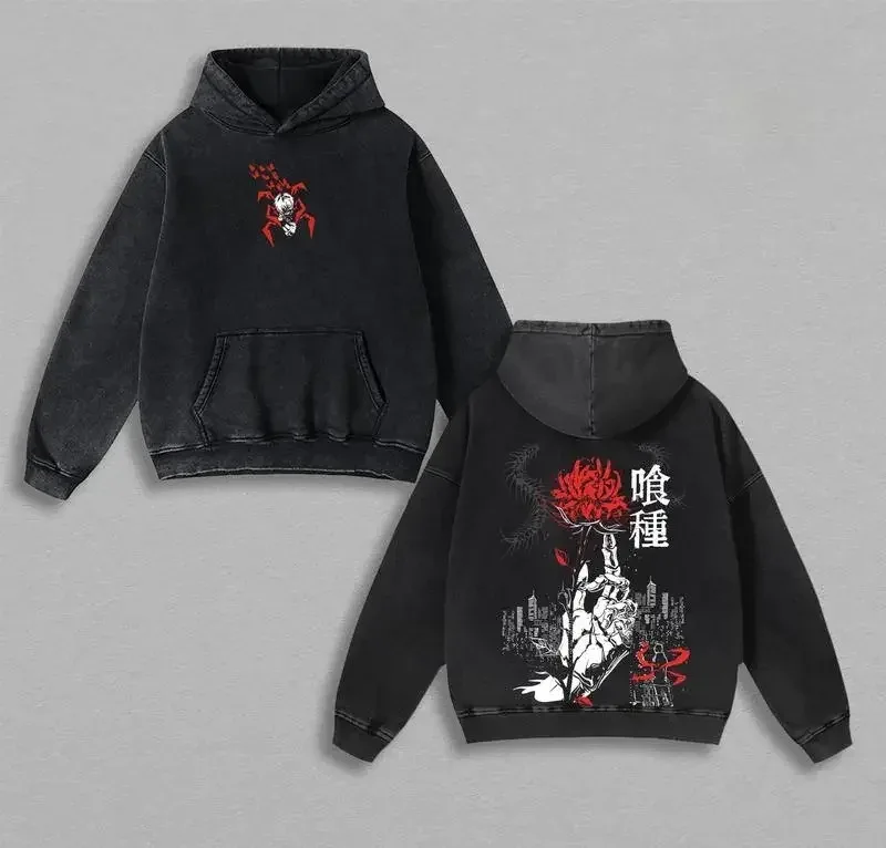 Ken Kaneki Graphic Hooded Tokyo Ghoul Anime Streetwear Men Women Oversized Hoodies Washed Cotton Pullover Harajuku Sweatshirt