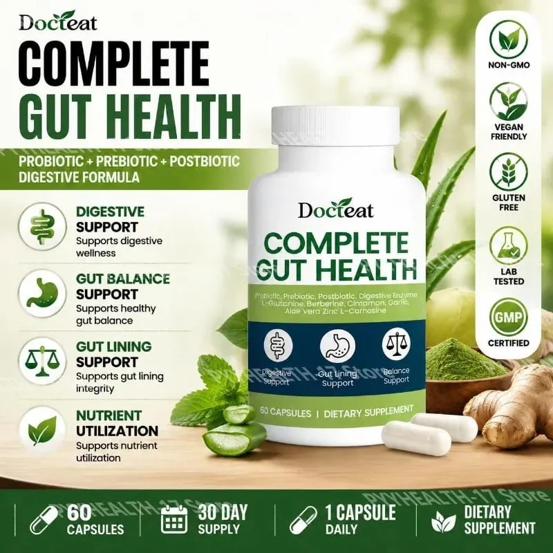 Docteat Complete Gut Health Capsules with Probiotic Prebiotic Postbiotic Digestive Enzymes for Gut Balance & Digestion 60 Count — image 2