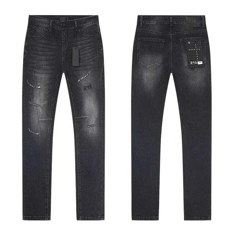 New RTA Destroyed Scratch Hole Light Blue Distressed Jeans Men's High Street Elastic Slim Fit Jeans 2026 Brand Pants Streetwear — image 10
