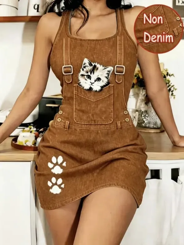 Women’s Spring and Summer Casual Home Wear Tailored Waistcoat with Sleep Dress Faux Denim cartoon Cat Print Sleeveless Sleep — image 4