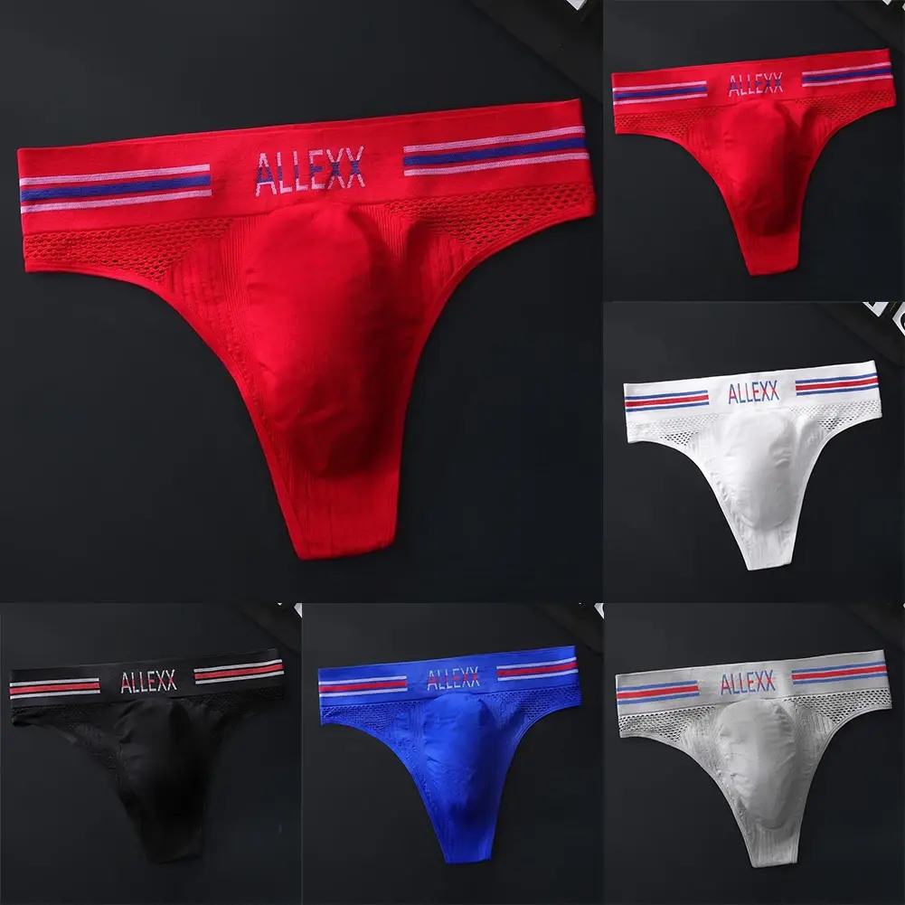 1pc Men's G-String Underwear 3D Bulge Pouch Striped Letter Printing Briefs Elastic Mesh Breathable Comfortable Thongs