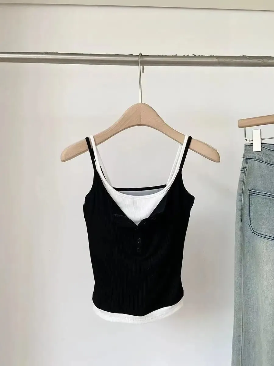 Fashion Fake Two Piece Camisole for Woman Spring Autumn Short Slim Fit Chest Pad Tank Women Korean Street Spicy Girl Clothes