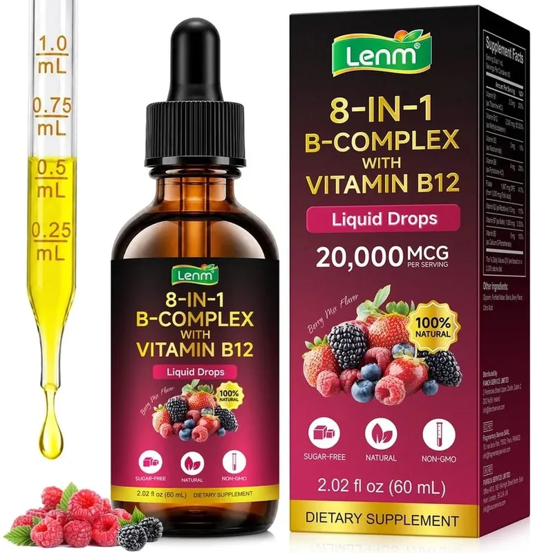 Lenm Vitamin B12 B-Complex Liquid Drops 8-in-1 Supports Nervous System Immune Health and Daily Energy 60 ML Sugar-Free Non-GMO
