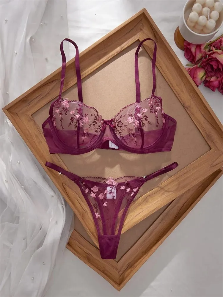 Romantic Women's Underwear Ultra Thin Floral Embroidery Sexy Lingerie See Through Pure Desire Lingerie Set Push Up Sexy Bras — image 2