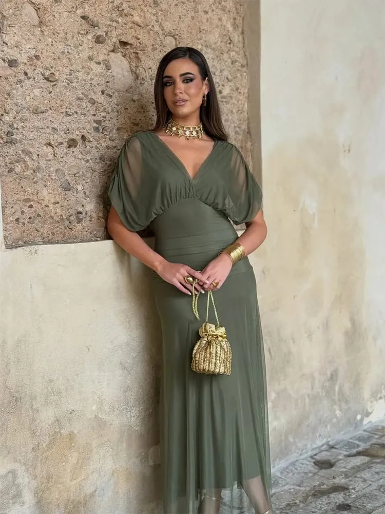 Women Solid Deep V-neck Mesh Long Dress Elegant Puff Short Sleeve Ruched Waist High Vestidos 2026 Summer Lady Casual Street Robe