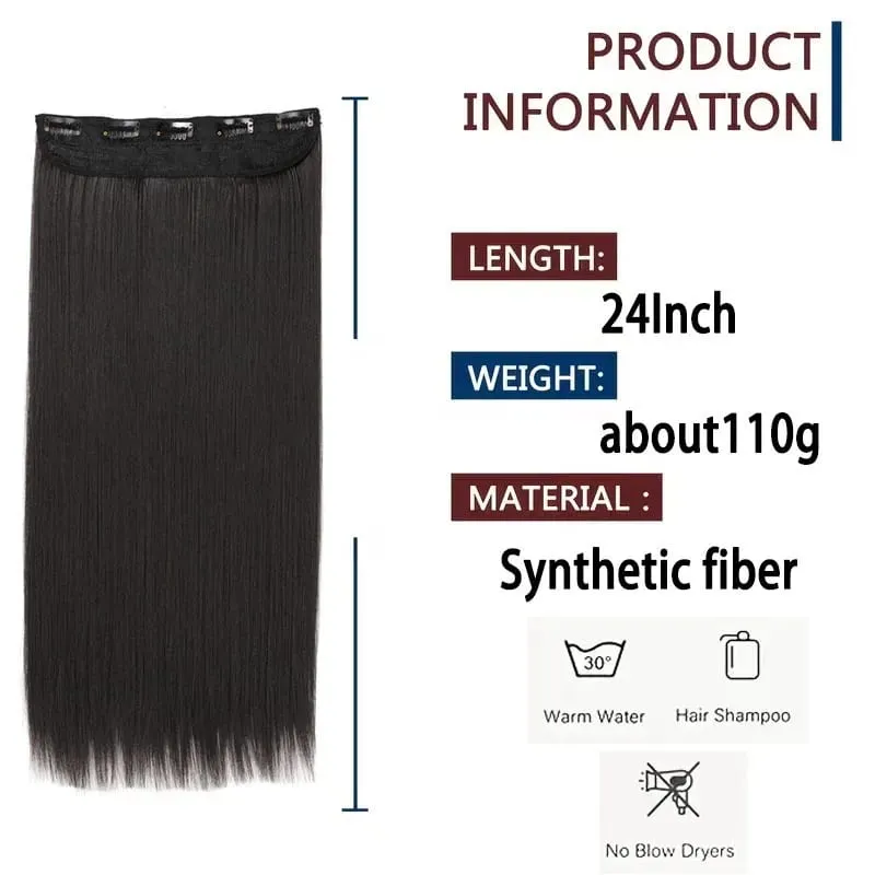 24Inch Synthetic Long Straight Hair Extension One Piece Clip On Hairpiece for Women Increase Hair Volume Daily Party Hairstyle — image 3