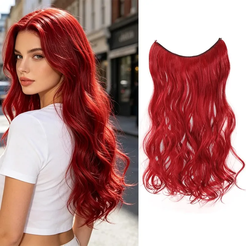 26" Invisible Wire Hair Extensions Curly Burgundy No Clip Synthetic Hairpiece Women Natural Heat Resistant Fiber Hairpieces