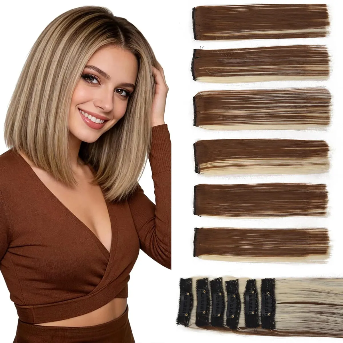 6PCS 6 Clips In Synthetic Hair Extensions Medium Short Straight Clip In Highlights Hairpiece For Women Daily Use — image 2
