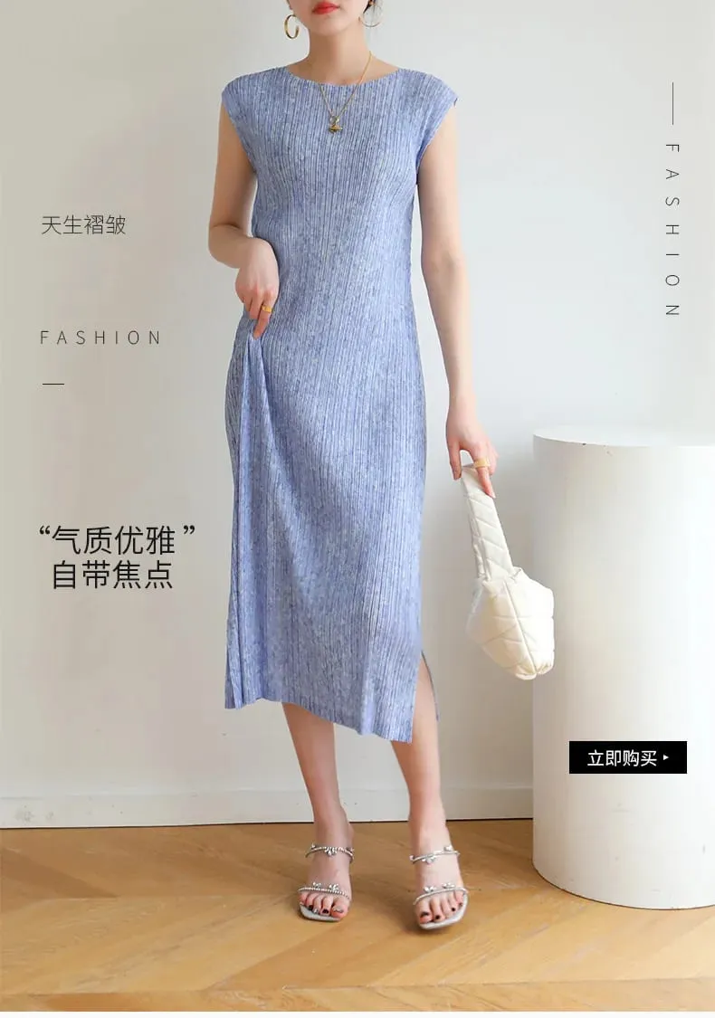 Miyake Pleated Solid Color Sleeveless Dress 2025 Summer New Draped Floral Print Temperament Commuter Casual Fashion Dresses — image 6