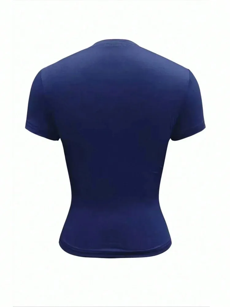 Woman Solid Crop Top Short Sleeve Summer Sexy Elegance Leisure Henley Collar Semi Slim Button Navy Blue T-shirt Top — image 3