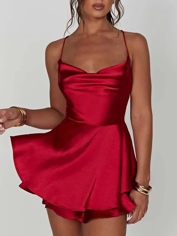Satin Silk Women Sexy Cami Playsuits Dress Solid Cowl Neck Sleeveless Short Jumpsuits Summer Cross Tie-Up Backless Romper — image 6