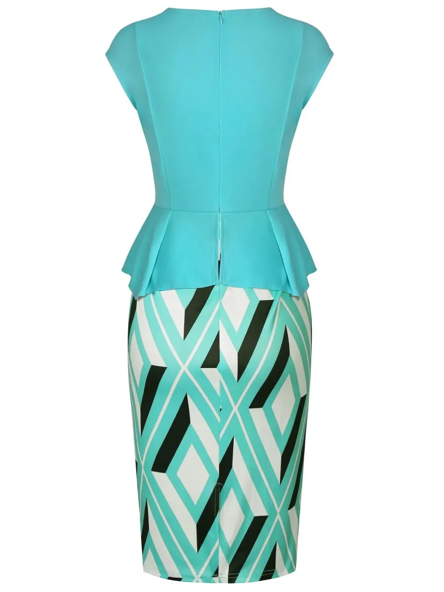Womens Geometry Print Square Neck Peplum Work Office Knee Length Patchwork Business Casual Party Pencil Bodycon Sheath Dress — image 3