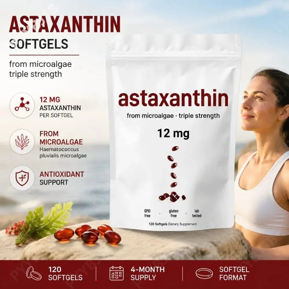 Astaxanthin 12mg Softgels from Microalgae Triple Strength Antioxidant Supplement Cellular Wellness & Everyday Balance 120 Count — image 1