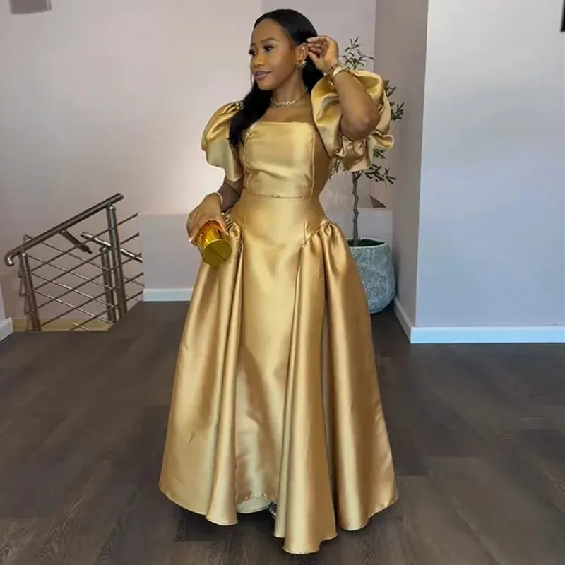 Elegant Dress for Women's Puff Sleeve Square Collar Gold Solid Pleated A-line Evening Party Cocktail Maxi Dresses — image 2
