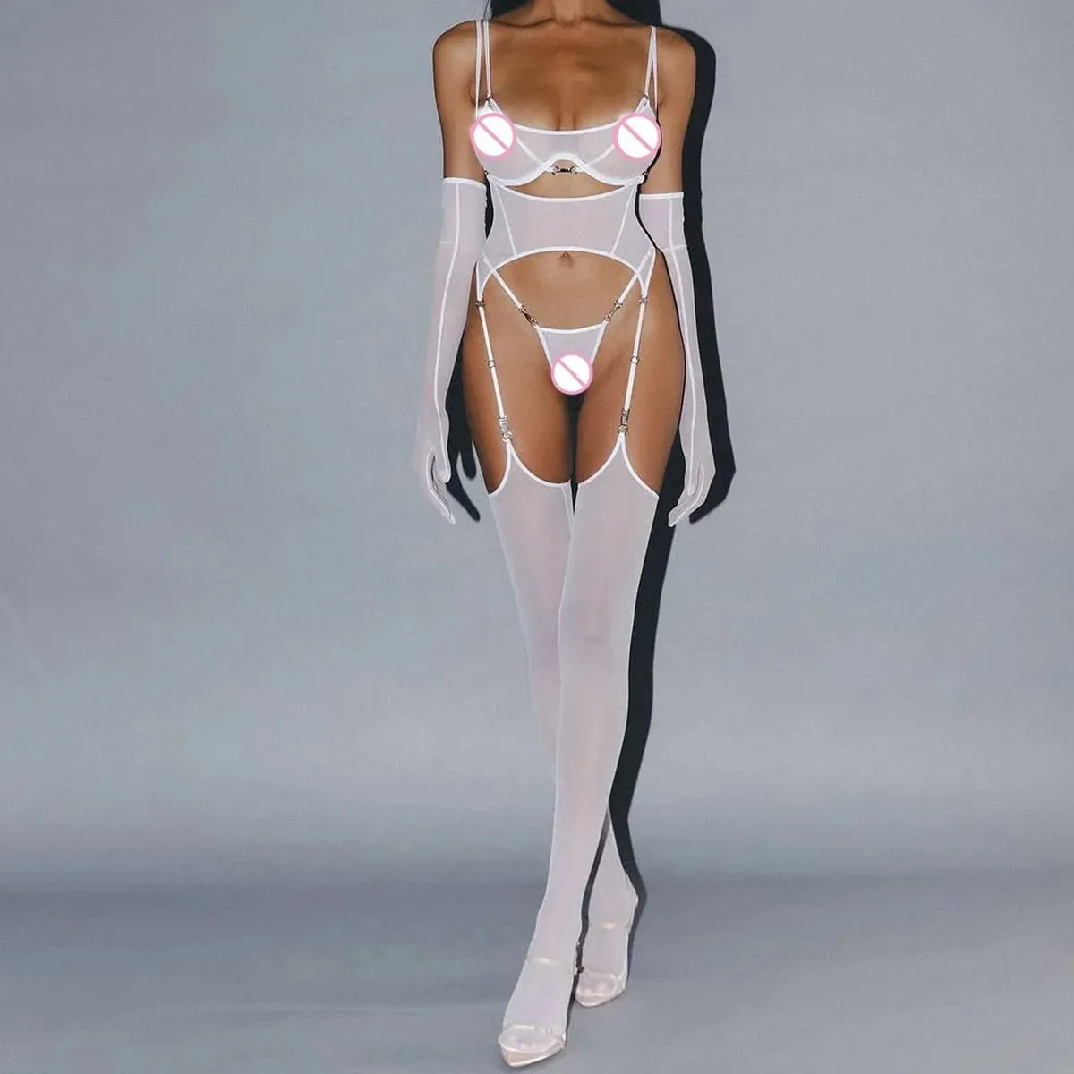 2025 Cross border Mesh Comfortable Breathable Belt with Stocking Body Shaping Ultra Thin Sexy Split Five Piece Set — image 4