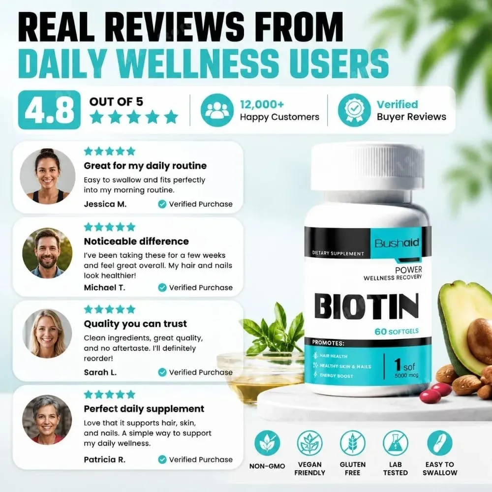 Bushaid Biotin 5000mcg Softgels Hair Skin Nails Vitamin B7 Keratin Support Energy Non-GMO Gluten Free 60 Softgels 60 Day — image 6