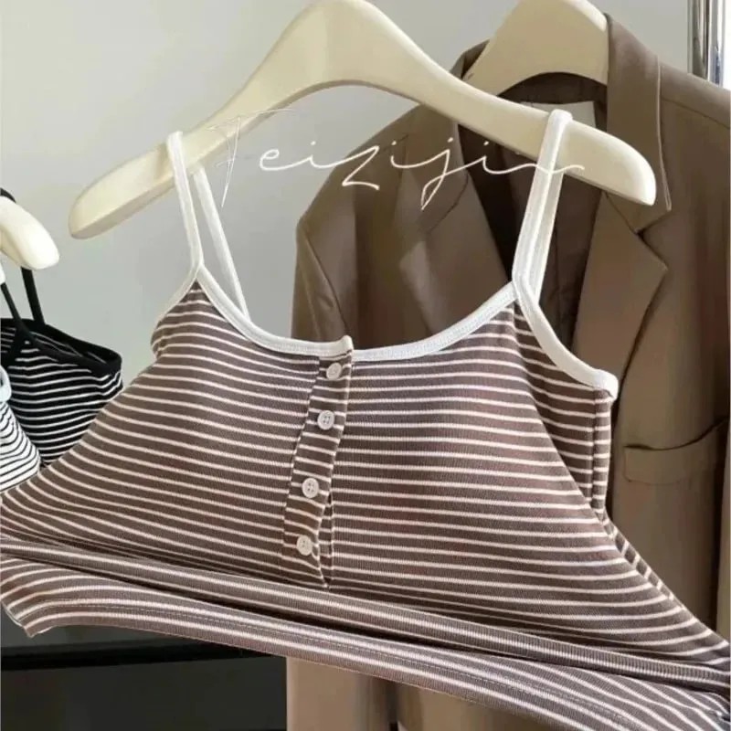 Integrated Stripe Women's Vest Inner Wear Outer Wear Button Fixed Cup No Bra Sports Top Short Style Cotton 100% Short Vest — image 4
