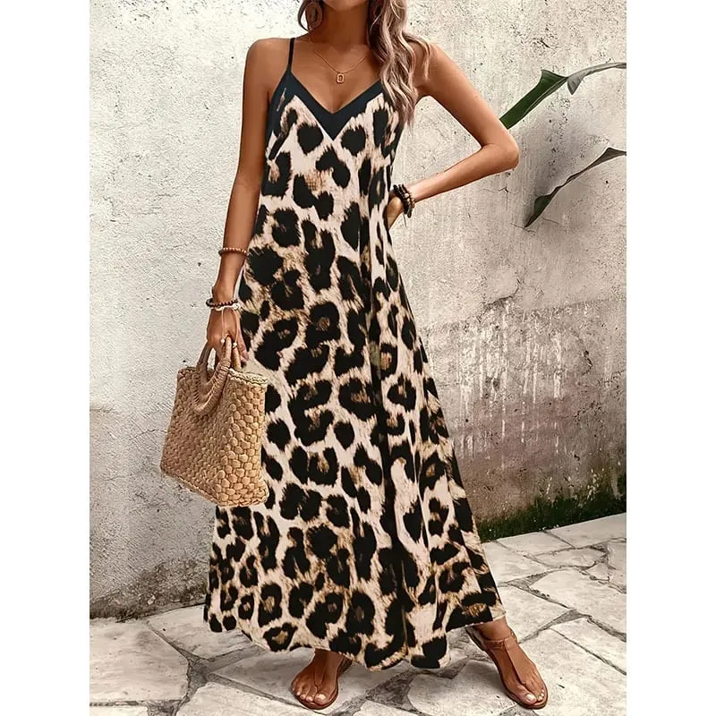 2026 New Women Leopard Print Spaghetti Strap Maxi Dress Sleeveless V Neck Casual Long Dresses Summer Beach Vacation Outfit