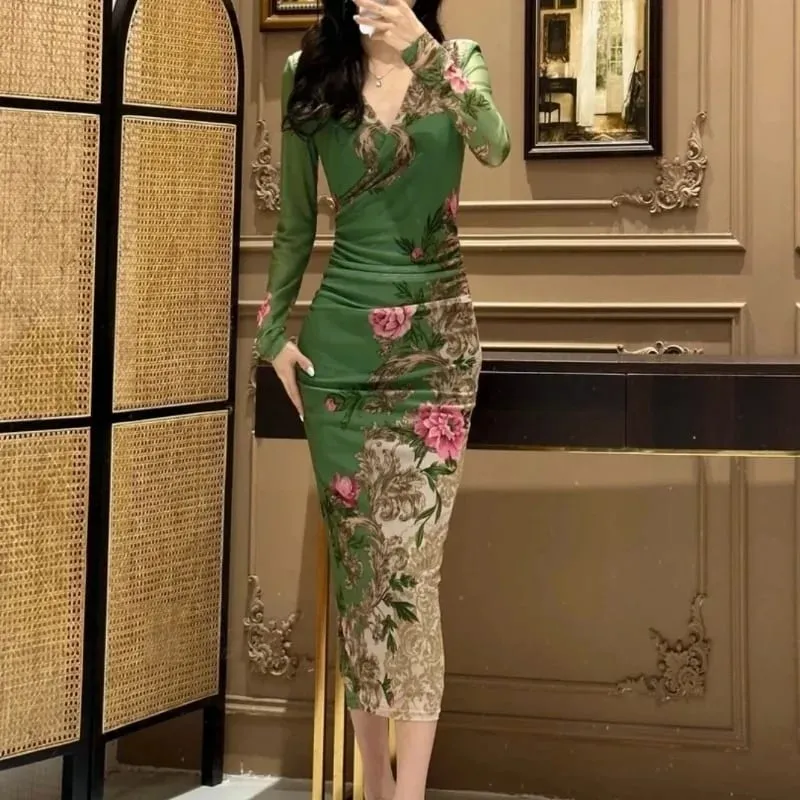 Feminine V-neck Long-sleeved Positioning Slimming Mesh Fashionable Wrap Long Skirt Dresses