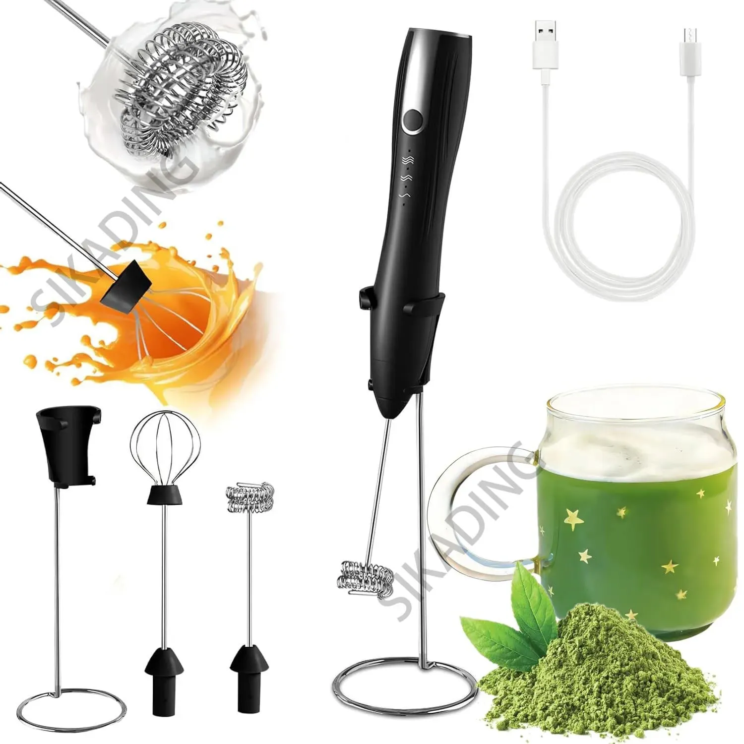 เครื่องผสมมือเครื่องตีฟองนมสำหรับกาแฟ Matcha มือถือโฟม Maker ปัดไฟฟ้าเครื่องผสมเครื่องดื่มเครื่องตีไข่แบบชาร์จไฟได้พร้อมขาตั้ง — image 2