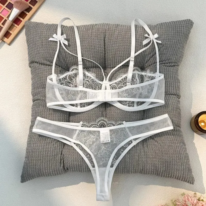 2-piece Women's Black Comfortable Lightweight Bow Womens Lace Embroidery Semi-Sheer Adjustable Strap Bra and Panty Set — image 3