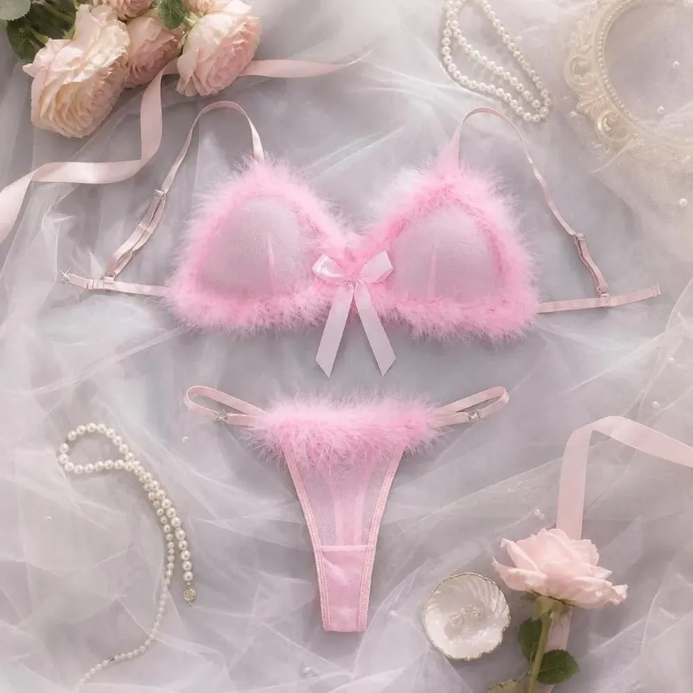 Underclothes Furry Women's Underwear Wireless Bow Decor Lingerie Set Romantic Intimate Mesh Transparent Bra Panties Suit Home — image 3