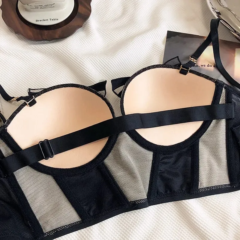Bowknot Gauze Perspective Sexy Push Up Underwear Set Thick Small Bra Briefs Panties Lengthen Adjustable Intimates Belt — image 6