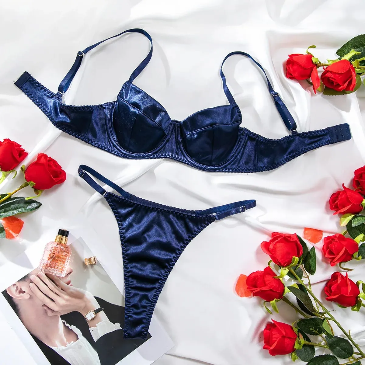 Women Underwear 2 Pcs Sexy Bra Set Underwire Push Up Satin Patchwork Bras and Thongs Suits Attractive Bilizna Intimate Set — image 1