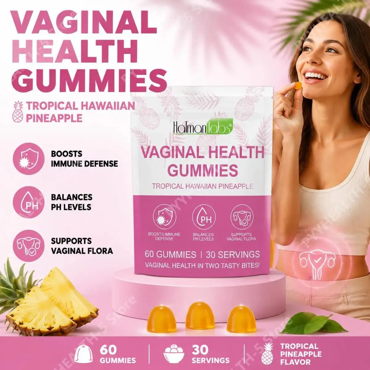 HalmanLabs Vaginal Health Gummies with Probiotics and Vitamin C Balances PH Levels and Supports Vaginal Flora - 60 Gummies — image 2