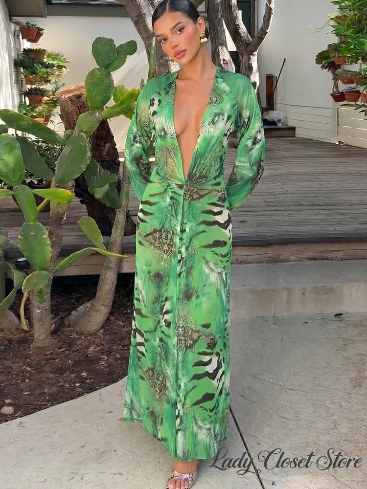 Woman Tiger Stripe Print Deep V-neck Dress Sexy Backless Long Sleeve Dresses 2026 Summer Vacation Beach Party Elegant Vestidos — image 6