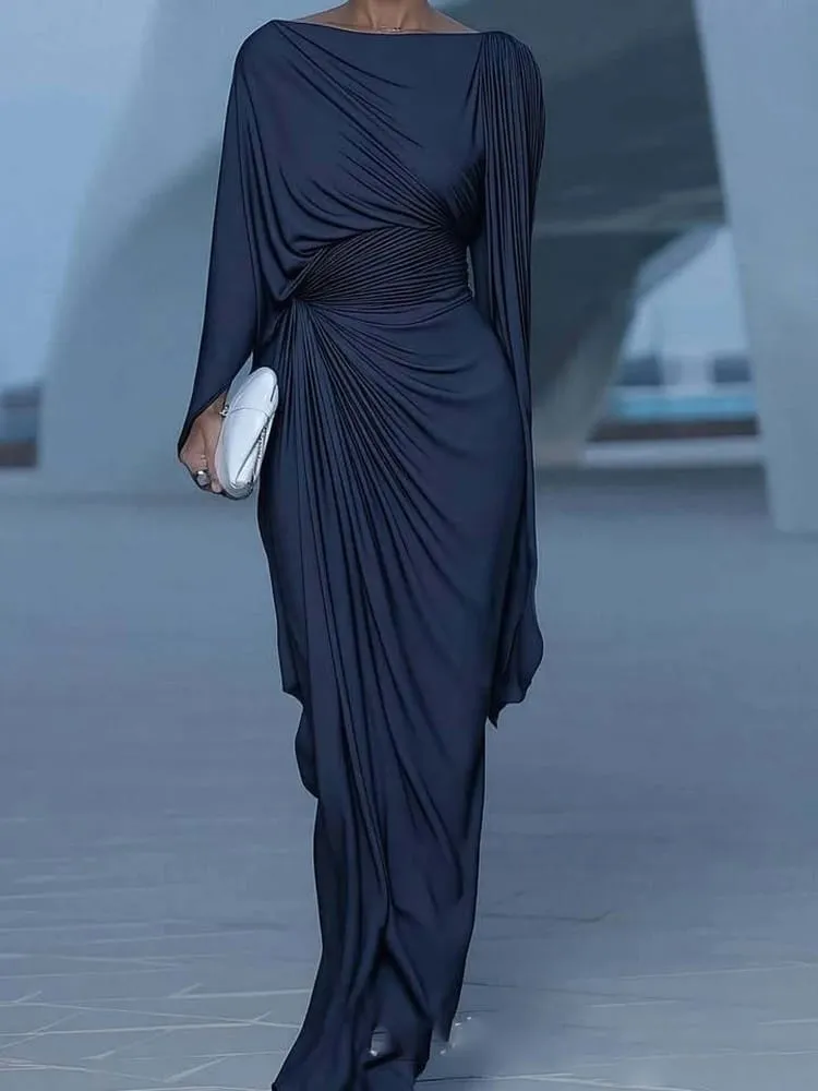 Sexy Slash Collar Pleat Slim Evening Dress Elegant High Waist Solid Color Banquet Dress Lady Leisure Irregular Long Sleeve Dress