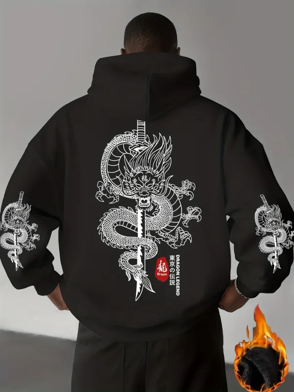 Trendy Street Fashion - Tokyo Shenlong Pattern Printed Men's Casual Sports Street Style Winter and Autumn Warm Hooded Sweatshirt — image 1