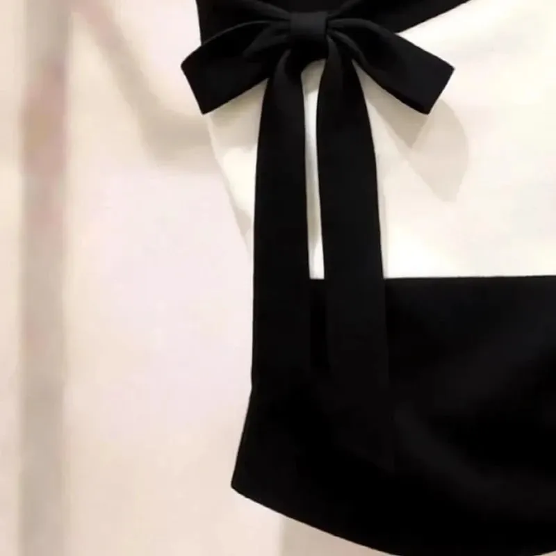 Summer New Contrast Bow Patchwork Off Shoulder Sexy Tanks Slim Sleeveless Elegant T Shirt Tops Temperament Trend Women Clothing — image 5